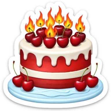 CAKE on fire, and fire behind it as well. cherries on the cake sticker