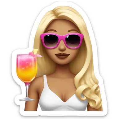 girl with long blond hair pink lips and sunglasses holding a cocktail  sticker