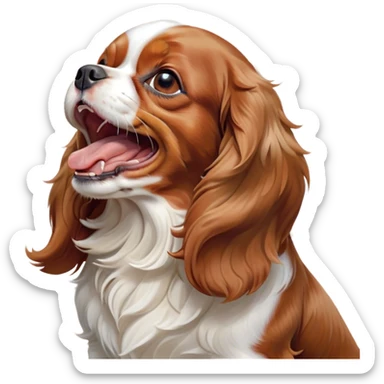 Cinematic Cute Yawning Blenheim Cavalier King Charles Spaniel Portrait Emoji, Head tilted slightly with a dramatic, wide-open yawn, soft Blenheim coat with delicate chestnut and white markings, floppy ears slightly drooping, round brown eyes barely open in drowsy contentment, Simplified yet irresistibly adorable features, highly detailed, glowing with a soft, cozy glow, high shine, relaxed yet expressive, stylized with a touch of whimsy, bright and endearing, soft glowing outline, capturing the essence of a sleepy yet affectionate companion, so drowsy it feels like it could stretch right out of the screen and curl up for a nap! sticker