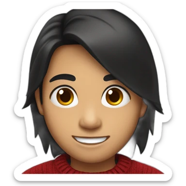 smiling and pointing north indian kid with chubby cheeks black hair wearing a dark red sweater sticker