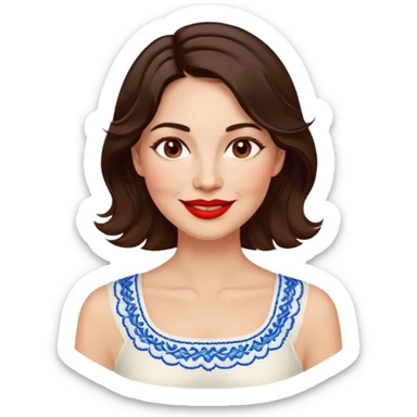 Confident 40-year-old woman with healthy glowing skin, round cheeks, warm smile, expressive light brown eyes, red lipstick, wavy dark brown shoulder-length hair, summery white top with blue embroidery and electric blue neckline sticker