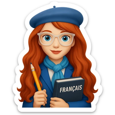 Make her hair even longer and wavier, and make her glasses clear-framed. Keep her as a French teacher in a stylish outfit, holding a pencil and a French textbook. The style should resemble emoji style. Remove the background. sticker