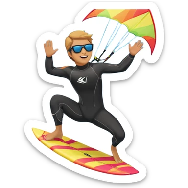 A vibrant kite soaring high in the sky, attached to a kiteboarder riding the waves below. The scene is filled with bright colors, capturing the energy of the sport. The background features the ocean, wind-blown waves, and a clear sky, showcasing the excitement and freedom of kiting. sticker