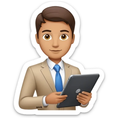 business executive confidently, holding a digital tablet or folder. The character wears smart business attire sticker