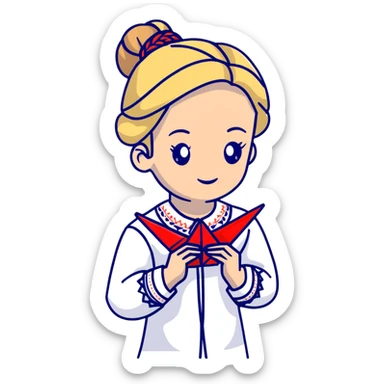 Ukrainian young girl with blonde braided hair wearing a white traditional embroidered shirt (vyshyvanka) holding a red origami paper crane in her hands sticker