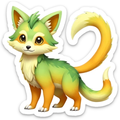 Rare realistic exotic warm-green warm-orange warm-yellows pastel gradients cute epic pretty beautiful handsome gorgeous aesthetic colorful vibrant Vernid-Trico-species-Fakemon-creature by LiLaiRa, 4 legs, 1 tail, random markings, (full body) sticker