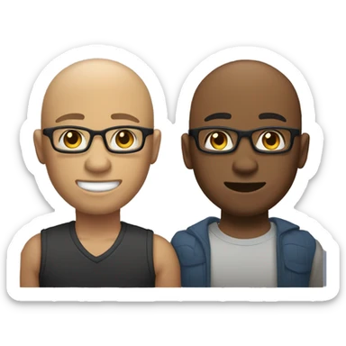 two gay male couple, one of them is a bald, light skin man, with muscled body, tall, with glasses, and the other one is shorter, with darker skin, also  muscled, with long hair in a ponytail, and hairy body sticker