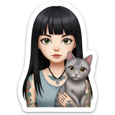 girl with long black  straight bangs hair and tattoos and a light grey-shared cat sticker