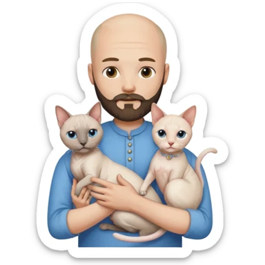 A couple, a man and a woman. The man, who is bald with a beard and wearing a blue shirt, is holding a Siamese cat in his arms. The woman, who has light hair and is wearing a white dress, is holding a white Sphynx cat in her arms sticker