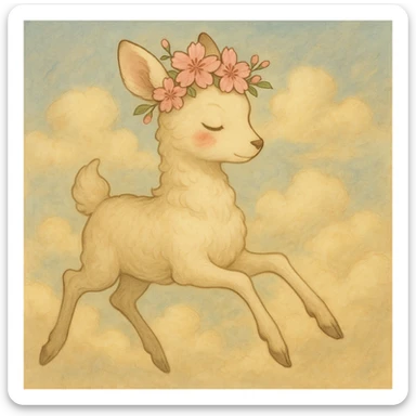 Create another variation of a feminine adult vanilla cloud doe with rosy cheeks and cherry flowers, floating gracefully, in Ghibli style. This is for brand identity and social media use. sticker