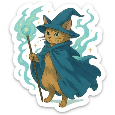 ghibli style wizard cat with a flowing cloak and magical aura sticker