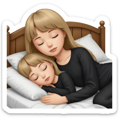 Young woman with long dark blond hair all around her, and a bang, sleeping in bed  with black pyjama  sticker