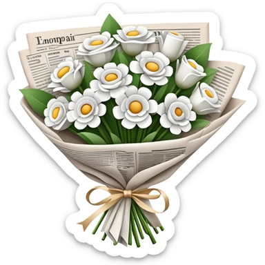 White Flower bouquet wrapped with a news paper  sticker