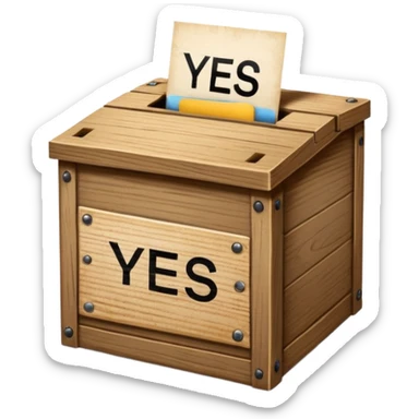 Vote box with "yes but" aber' written on the front and paper entering the top slot sticker