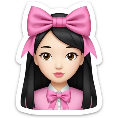 Asian girl with straight black hair and coquette bow on hair sticker