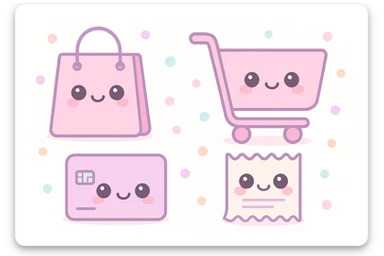 cute shopping theme with pastel pink tones, kawaii style, featuring a smiling shopping bag, a pastel pink shopping cart, a cute credit card, and a happy receipt, all with adorable faces and soft rounded shapes sticker