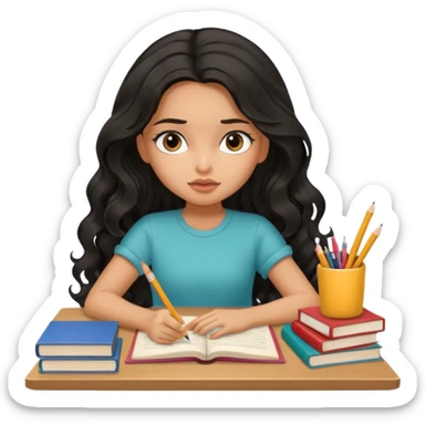 a pretty tan bratz girl with black wavy long hair studying. Pile of books on the table. No glasses. Looks tired sticker