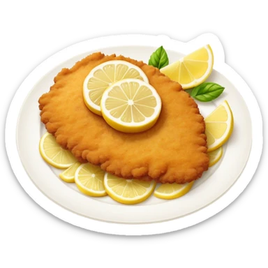 Cinematic Realistic Veal Schnitzel Dish Emoji, depicted as a golden, breaded veal cutlet served with lemon rendered with crisp textures and inviting, natural lighting. sticker