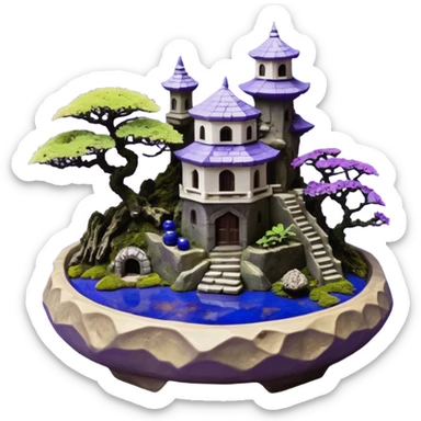  Ancient saucer-castle-house jungle winding trail mountainside getaway haunted nighttime landscape antique mudman very old broken cracked intricately detailed Stone Age lapis-crusted irregular dodecagon-shaped shallow dark moss rough bark violet flowered maple bonsai Saikei platter  sticker