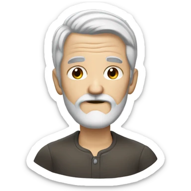 old white man, with dark and silver grey hair, with a dark grey circle beard sticker
