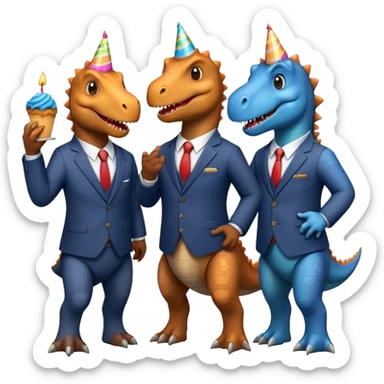 three office dinosaurs in office suits celebrating birthday sticker