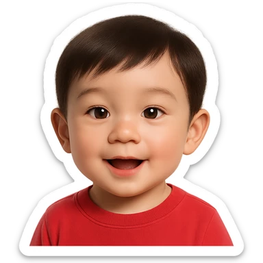 Edit the cute Asian baby boy emoji by changing the shirt to pastel red while keeping the rest unchanged. Use a soft glossy texture and make it about 80% realistic. No background. sticker