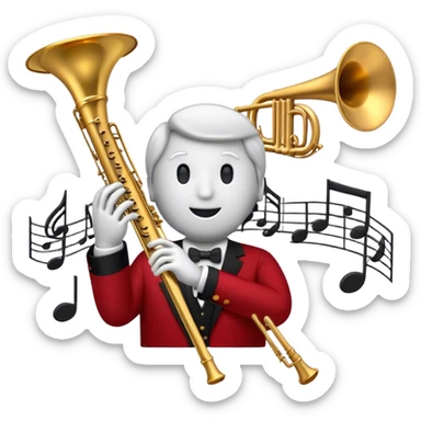 Create a sophisticated and elegant emoji that represents orchestration and arrangement. The design should feature a conductor’s baton, musical notes, and a symphonic score, symbolizing the process of arranging and orchestrating music. Incorporate instruments like a violin, trumpet, and piano keys subtly in the background, representing different sections of the orchestra. Use classical and refined colors such as gold, deep red, and black to evoke the grandeur and precision of orchestration. The background should be transparent. sticker