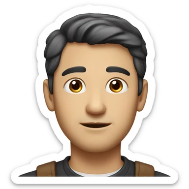 portrait of a man with an oval-shaped face and soft, balanced features. He has short dark hair, neatly styled upwards, and warm brown eyes with a friendly, slightly squinted expression. sticker