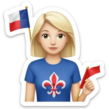 White woman with blonde hair holding a French flag in hand with a fleur-de-lily t-shirt sticker