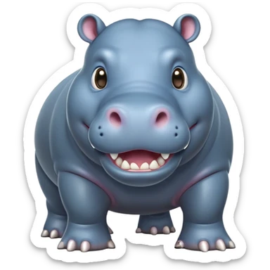 cinematic-hippo-realistic-full-body-side-view-standing-on-all-fours-emoji,-massive-round-frame,-wide-mouthed-grin-exposing-huge-teeth,-head-tilted-dramatically,-thick-greyish blue-hide-glossy, big cute eyes sticker
