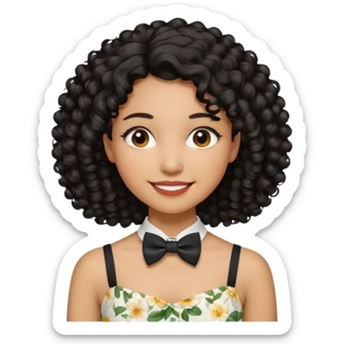 A young woman. She has voluminous, curly black hair that frames her face beautifully. Her skin tone is light Brown and glowing, and she has a subtle, natural makeup look. She’s smiling softly at the camera. She is wearing a white floral top with thin straps and a small bow tie detail in the front. sticker