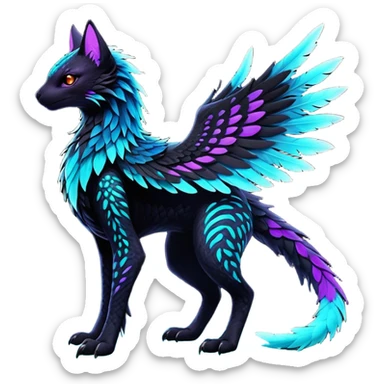 Black Dark Exotic Colorful Black, Cyan, Purple, Beaked Feathery Nocturnal Neon-glowing Abyssal Nightly Abyss-Cat-Gryphon-Salandit-Nargacuga-Silvally-Vernid-Sergal-Fakémon-Hybrid-Creature (full body) sticker