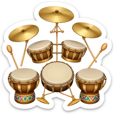 Create a heraldic, festive, and professional emblem-like emoji representing percussion instruments. The design should resemble a traditional crest, featuring a variety of percussion instruments such as cymbals, triangle, tambourine, maracas, timpani, bongo drums, and other traditional folk percussion instruments. Arrange them symmetrically, with cymbals crossing each other, the triangle at the center, and timpani or bongo drums flanking the sides. Include tambourines and maracas prominently, adding rhythm and texture. A flowing ribbon of musical notes should elegantly weave through the instruments, enhancing the sense of movement and celebration. Add intricate decorative patterns on the instruments, along with ornamental swirls, laurels, or flourishes to elevate the festive and heraldic feel. The overall composition should be balanced, harmonious, and visually striking, with an elegant and professional look. The background should be transparent. sticker