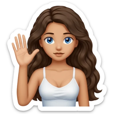 Girl with olive skin, blue eyes, brown dark insanely wavy long hair, white camisole, left hand palm up crossing arms in an x shape sticker