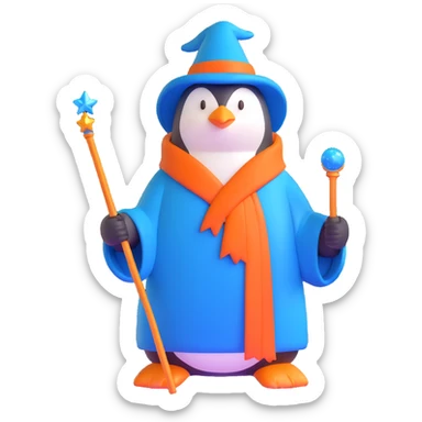 penguin wizard with a blue robe and sparkly wand sticker
