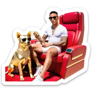  Celebrity Internet Marketer Known As Josh King Madrid, Designer Fit, 3 Diamond Tennis Chains, Golden Sparkle Private Jet Parked Behind Him, Seated On A Massive Gold Throne, Sunglasses On, Famous Instagram Bikini Model Tefi Valenzuela On His Lap, AI Robot Dog Next To His Spiky Diamond-Crusted Louboutin Red Bottoms. sticker