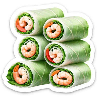 Cinematic Realistic Vietnamese Summer Rolls Dish Emoji, depicted with delicate rice paper wraps filled with fresh vegetables and shrimp rendered with crisp textures and refreshing lighting. sticker