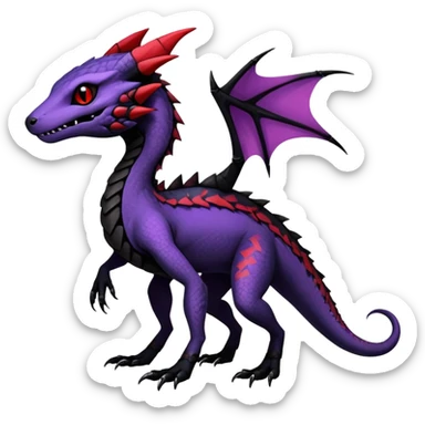 Rare realistic exotic edgy dark gothic gloomy spooky black and red/purple epic pretty beautiful handsome gorgeous aesthetic colorful vibrant Vernid-Trico-species-Fakemon-Salandit-hybrid-creature by LiLaiRa, 4 legs, 1 tail, random markings, (full body) sticker