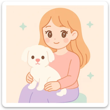 a white Maltese terrier with a pink nose on the lap of a girl with long strawberry blond hair and brown eyes, thin eyebrows, slim nose, beautiful lips, gentle anime-inspired style sticker