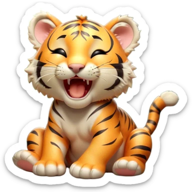 Cinematic Cute Yawning Tiger Cub Portrait Emoji, Head tilted slightly with a dramatic, wide-open yawn, showcasing a small, plush body with drowsy, half-closed eyes and an open, relaxed expression, Simplified yet irresistibly adorable features, highly detailed, glowing with a soft, cozy wild glow, high shine, relaxed yet expressive, stylized with a dash of whimsical jungle charm, soft glowing outline, capturing the essence of a drowsy yet affectionate tiger cub that appears ready to stretch out for a nap! sticker