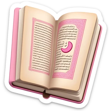 Quran like an emoji, keep it open but keep the theme beige and pink and make a bookmark in the middle and make the surat inside surat al kahf  sticker