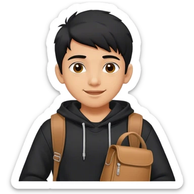 Cheerful white Indian student teenager boy with black hair . He's wearing a black hoodie and bag on back sticker