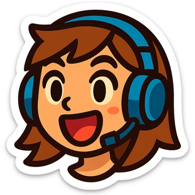 brown-haired gamer girl, excited expression, headphones, head only, emote sticker