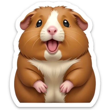 Cinematic Cute Yawning Brown Guinea Pig Portrait Emoji, Head tilted slightly with a dramatic, wide-open yawn, revealing a soft brown coat and tiny, droopy ears, round dark eyes barely open in drowsy contentment, Simplified yet irresistibly adorable features, highly detailed, glowing with a soft, cozy glow, high shine, relaxed yet expressive, stylized with a touch of whimsy, bright and endearing, soft glowing outline, capturing the essence of a sleepy yet affectionate guinea pig, so drowsy it feels like it could stretch out of the screen and curl up for a nap! sticker