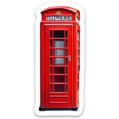Cinematic Realistic depiction of an iconic red telephone box, rendered in vivid, saturated colors with detailed textures and reflective surfaces, set on a classic English street under soft, diffused daylight sticker