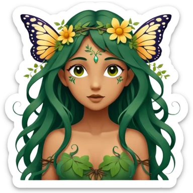 Cinematic Realistic Forest Nymph Fairy Portrait, depicted with lifelike, sun-kissed tanned skin that radiates an earthy glow, softly illuminated by natural, dappled light. Her long, flowing dark green hair is intricately detailed and interwoven with delicate vines and wildflowers, while her deep, soulful eyes mirror the wisdom of the forest. Dressed in an attire inspired by nature’s palette—with subtle botanical motifs—the portrait exudes a soft, enchanted glow that melds realism with woodland magic showing her large butterfly wings. sticker