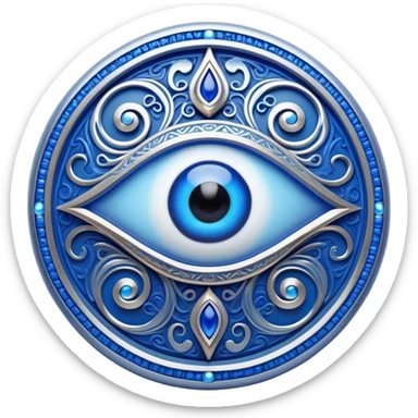 Cinematic Realistic depiction of a classic Evil Eye talisman, rendered with intricate details and vibrant blue hues, set against a soft, ethereal backdrop that underscores its protective symbolism sticker