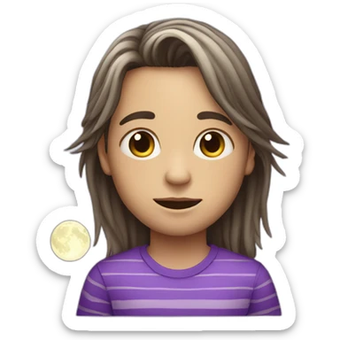 long hair boy who wears a long-sleeved purple striped shirt with a moon print sticker