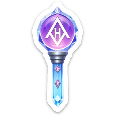 A magical K-pop lightstick for Huntrix (from K-Pop Demon Hunters): crystal dome top with a glowing rune and “H” emblem, shifting violet/silver/pink/blue light, sleek rune-engraved handle, charm loop—part idol merch, part mystical weapon. sticker