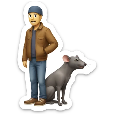 man leaning forwards to pet a dog with a rat on his head sticker